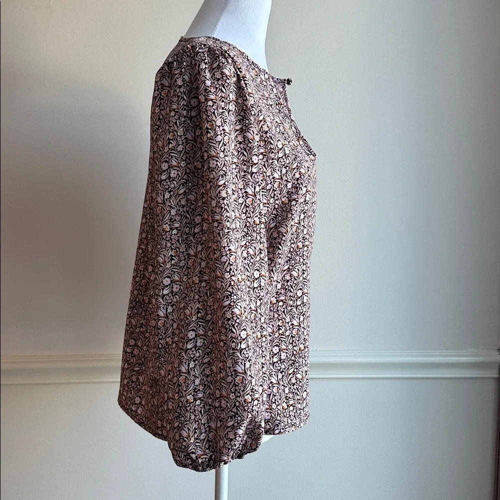 J. Crew Puff Sleeve Satin Back Crepe Top Floral Flourish Size XS brown EUC